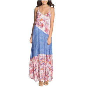 ANTHROPOLOGIE Pleated Flowy Maxi Trapeze Dress Colour Block Floral Racerback XS